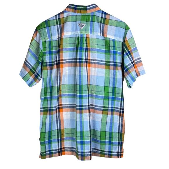 Columbia PFG Linen Blue Green Orange Plaid Button Up Short Sleeve Fishing Shirt - Picture 2 of 7